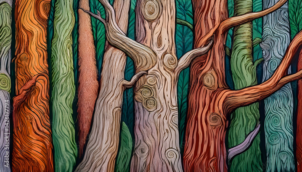 Poster Abstract illustration of textured tree trunks in a forest setting