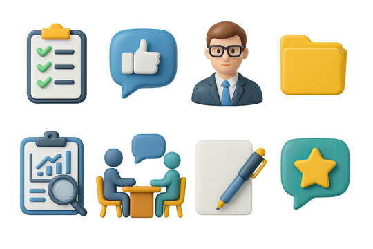 Business and communication 3d icons set – professional office and workplace symbols for productivity tools, data analysis, and team collaboration: checklist, folder, graph, meeting