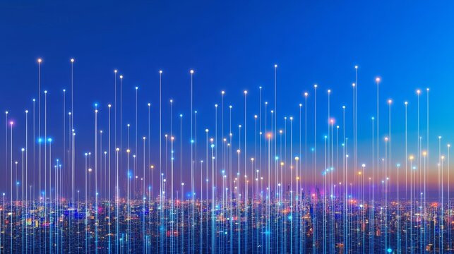 A vibrant cityscape is bathed in the glow of interconnected high-tech buildings