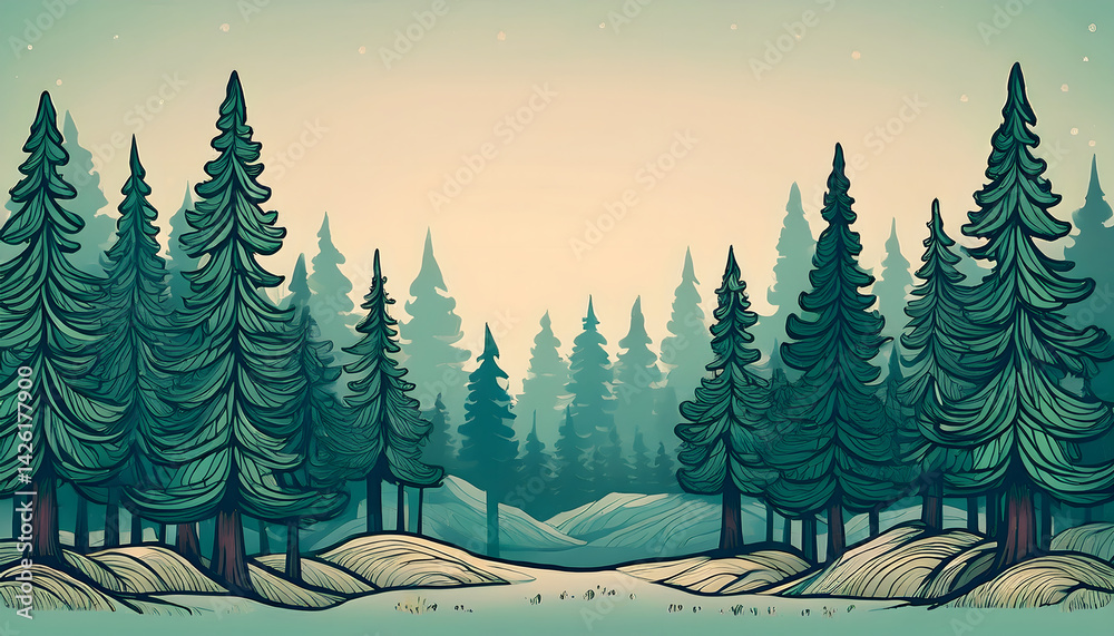 Poster serene forest landscape with tall pine trees and a soft backdrop
