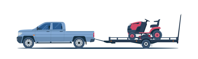 A pickup truck carries lawn tractor on a trailer. Vector illustration. © lyudinka