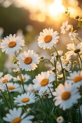 Fototapeta premium Clusters of Delicate White Daisies Stretching Across a Lush Green Field