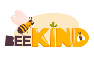 Bee kind funny inspirational card with bees and lettering phrase in modern calligraphy style. Colorful quote about kindness with yellow and black colors. Be kind motivational vector illustration.