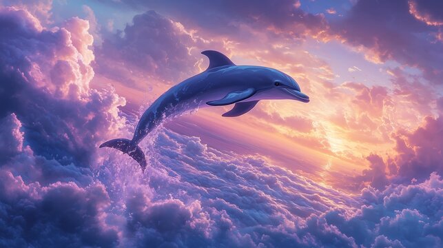 A graceful dolphin leaps through vibrant clouds at sunset, showcasing nature's beauty and joy.