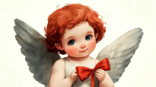 Adorable Baby Angel with Orange Hair and Feathered Wings Holding Bow