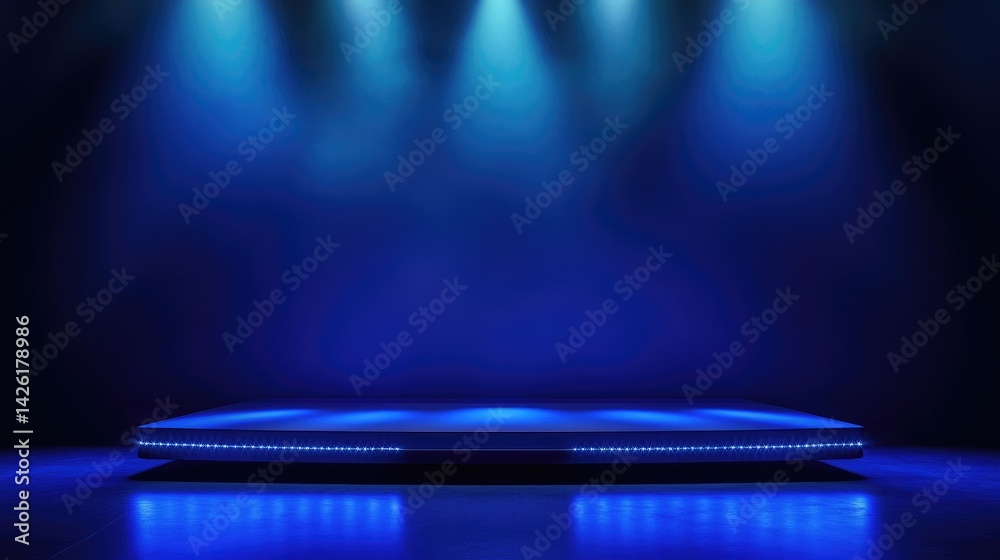 Poster a blue-lit stage with sharp spotlights creating a dramatic and theatrical scene, ideal for performan