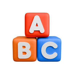 3D abc cubes. Different colored children's toys made of plastic in the shape of squares isolated on white background with the image of letters. Elements of play and learning.