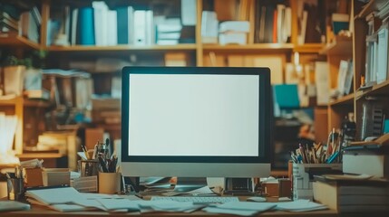 A messy workspace is captured in a closeup shot, featuring a high-tech computer monitor surrounded by tangled cables and disorganized documents