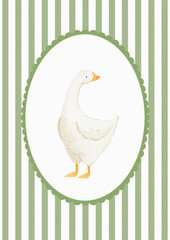 Cute goose illustration for a baby in a green poster style, featuring a funny character in an oval frame. This charming watercolor design with a checkered background is perfect for kids' textiles and
