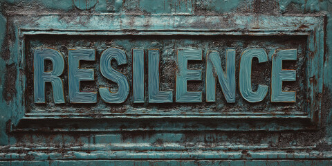 Fototapeta premium Teal textured metallic background with embossed word Resilience, conveying strength and perseverance