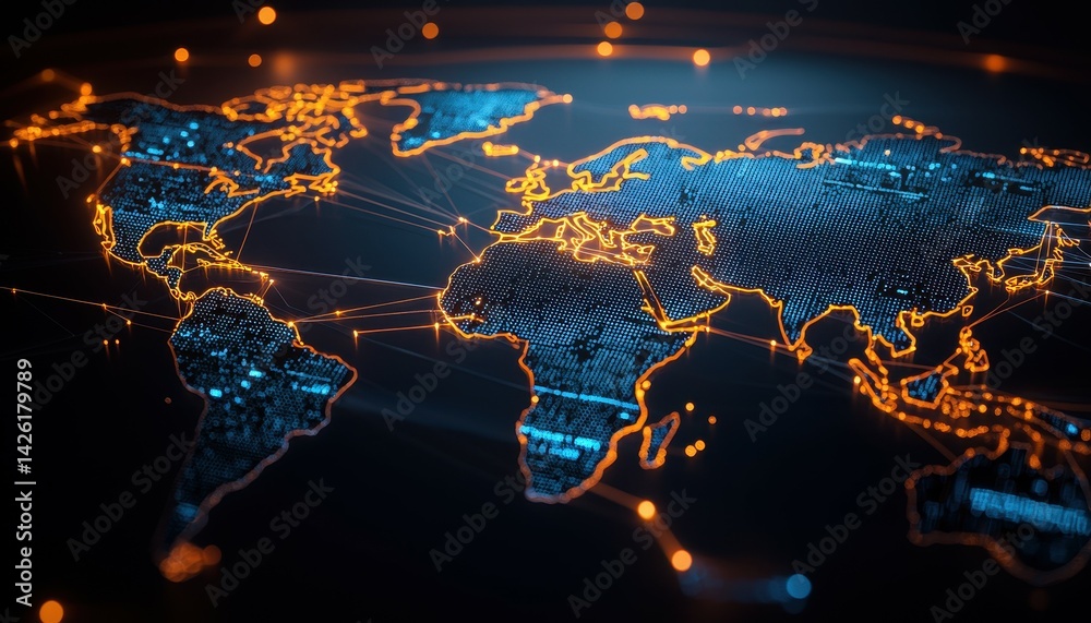 Wall mural illuminated digital world map with glowing connections and data points.