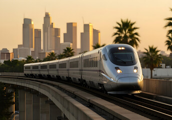 Naklejka premium professional public transportation image of streamlined passenger train against sunset city skyline with golden hour lighting 