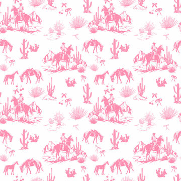 Seamless pattern Rodeo Cowboys , a desert landscape with cacti, pink bows, and cherries a design for fabrics and prints in the Wild West style