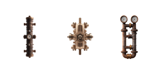 Vintage industrial pipes with metal valves and gauges displayed intricate design details