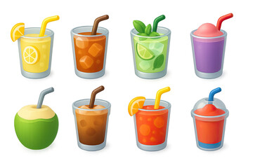 Beverage icon set - flat style drink symbols for refreshment and thirst quenching: lemonade, iced tea, mojito, slush, coconut drink, cola, punch, smoothie