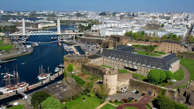 France Brest aerial view of Chateau de Brest castle and Recouvrance bridge Brittany drone 4k medieval walls harbour maritime city scenery. Bretagne landmarks