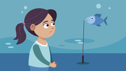 A young girl patiently waiting for her bobber to disappear her eyes glued to the water as she anticipates a bite from a feisty fish.. Vector illustration