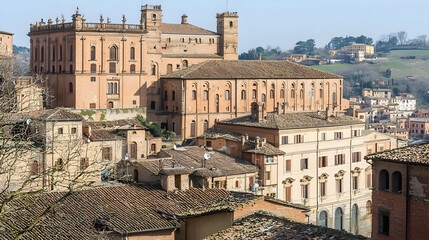 Italian hilltop town panoramic view, historic palace, terracotta rooftops, sunny day, travel destination