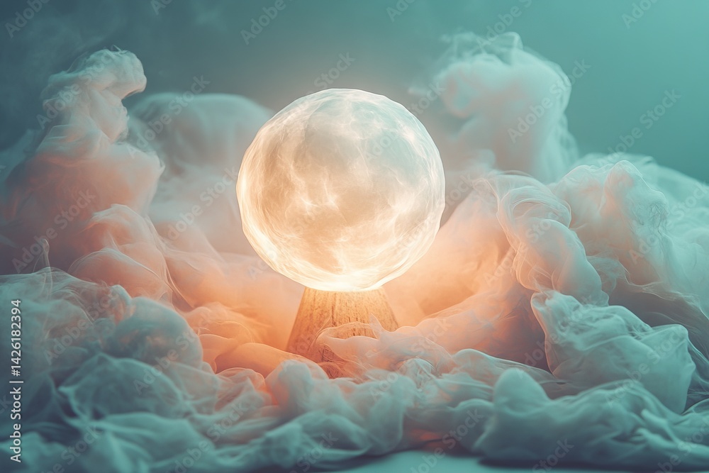Poster bright glowing orb surrounded by colorful mist in a mysterious setting at night