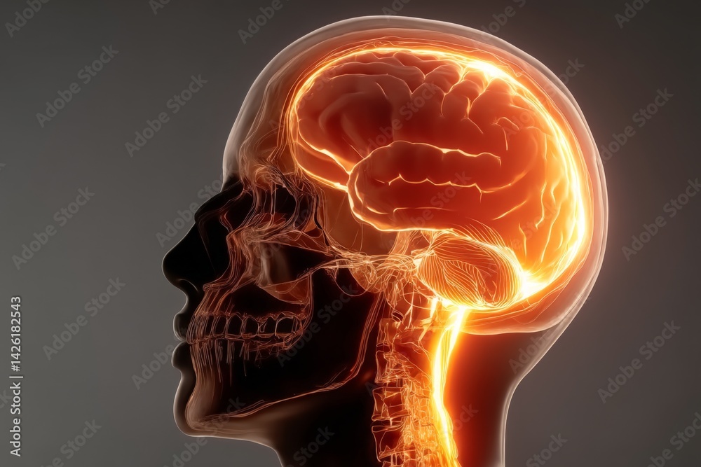 Poster Exploring the intricate structure of the human brain illuminated in a digital illustration showcasing neural pathways and anatomy
