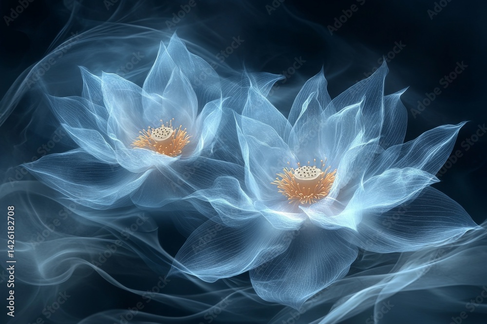 Poster ethereal blue lotus flowers bloom softly in a misty atmosphere creating a serene and tranquil ambian