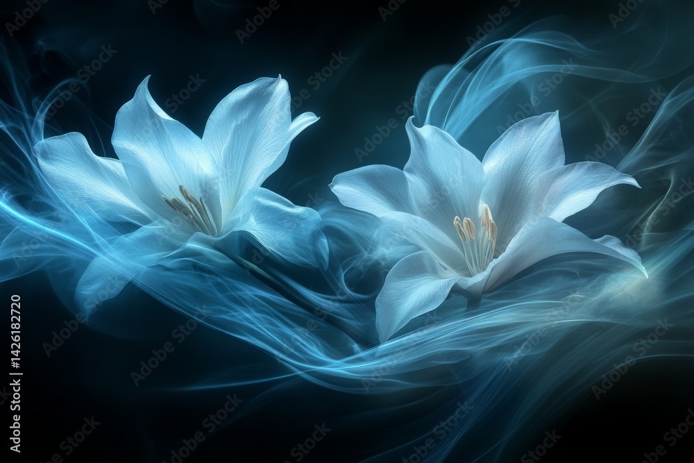 Poster two elegant white flowers surrounded by ethereal blue swirls create a serene and calming atmosphere 
