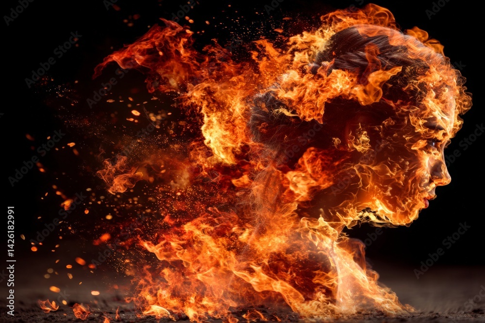 Poster Visual representation of a fiery transformation depicting a human face emerging from flames in a dark setting