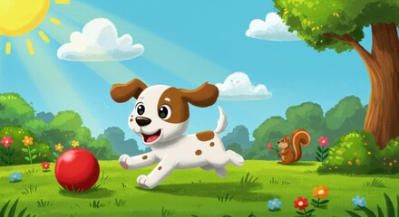Playful puppy enjoys a sunny day chasing a red ball in the park