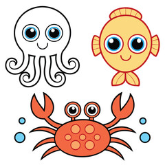 Simple Marine Trio Line Drawing Cute Octopus, Crab, and Fish for Coloring Pages