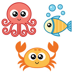 Sea Life Coloring Page Cartoon Octopus, Crab, and Fish Outline Art