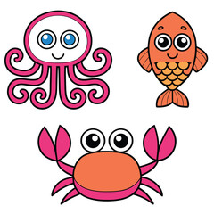 Underwater Friends Coloring Illustration Octopus, Crab, and Fish Line Art
