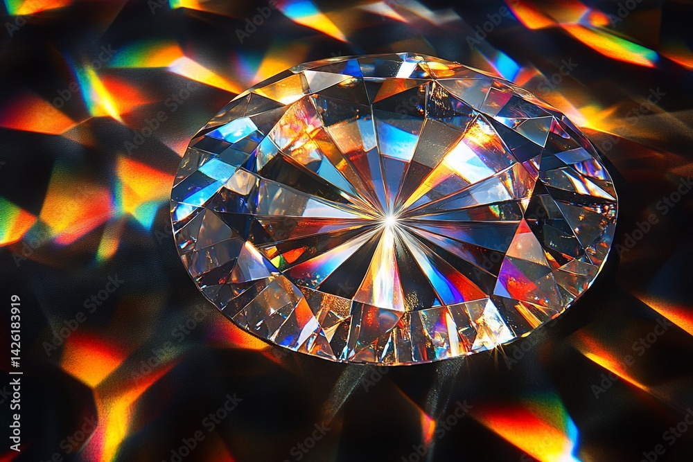 Poster brilliant diamond reflecting colorful light in a dark setting during a serene moment
