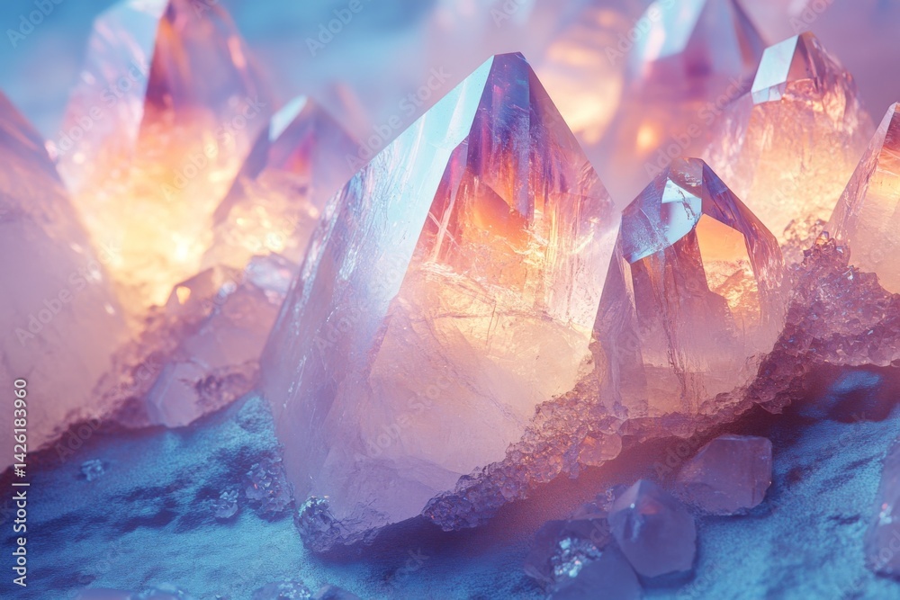 Aufkleber colorful quartz crystals glow softly in a tranquil setting, reflecting light and creating a magical 