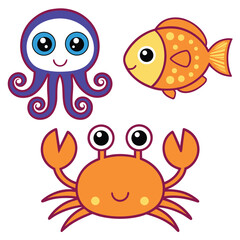 Obraz premium Cute Sea Creatures Cartoon Fun Coloring Design with Octopus, Crab, and Fish