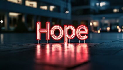 Neon sign spelling 'Hope' glowing amidst a cityscape at night.
