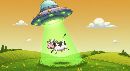 UFO abducts cow from a green pasture on a sunny afternoon