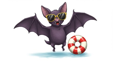 Cute bat wearing sunglasses enjoys summer fun with a beach ball