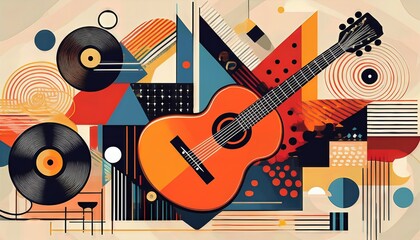 Vibrant Geometric Abstraction A Modern Patterned Poster Blending Vector Art and Music, Radiating Energy with Striking Colors and Intricate Designs
