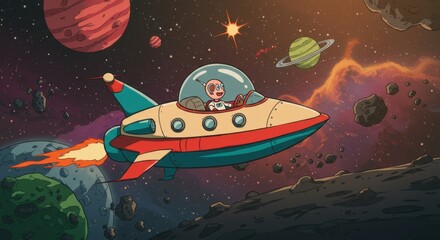 Cartoon space traveler exploring colorful planets in a fun spaceship adventure
