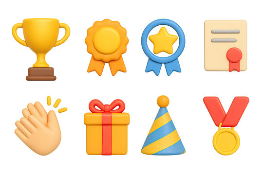 Awards and achievements icon set – 3d style recognition and celebration symbols: trophy, medal, certificate, ribbon, gift, party hat, clap, prize