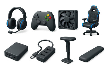 Gaming equipment icon set – 3d style tech symbols for esports and streaming: headset, game controller, cooling fan, gaming chair, hdmi adapter, usb hub, wrist rest, microphone arm