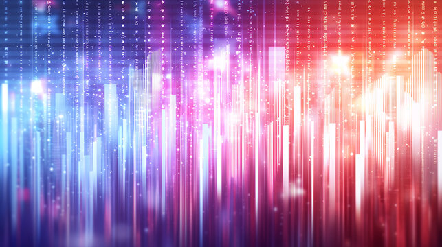 Vibrant digital abstract background with colorful light beams and binary code, creating futuristic atmosphere