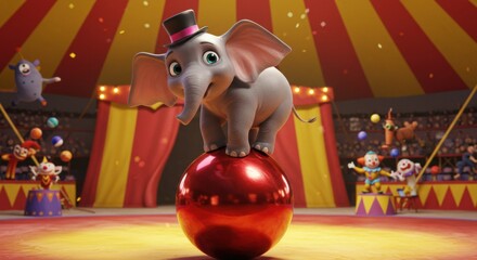 Circus performance featuring a small elephant balancing on a ball