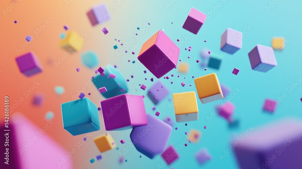 Poster A colorful arrangement of 3D cubes in various sizes, scattered in an abstract formation to create a visually striking and vibrant composition.