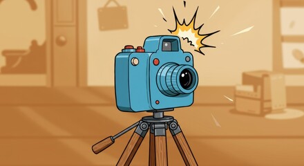 Vintage camera on tripod with flash in a cozy room setting