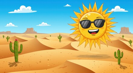 Bright cartoon sun shines over desert landscape with cacti and hills