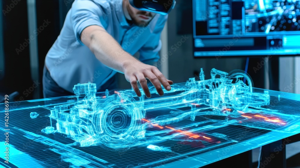 Poster engineer conducts virtual collision simulation with holographic vehicle model in advanced tech lab