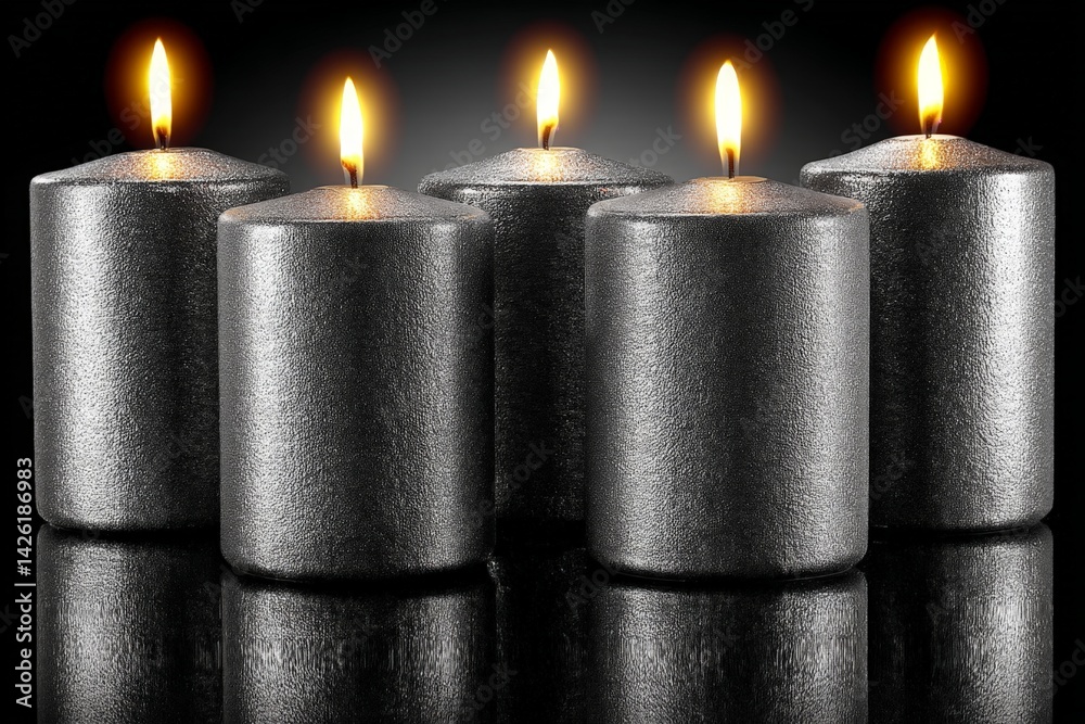 Poster five silver candles with flickering flames creating a serene atmosphere against a dark background