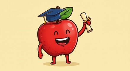 Cute apple character celebrating graduation with a diploma and cap