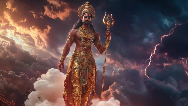 Majestic lord indra hindu god of thunder and rain on a celestial cloud with vajra and divine aura